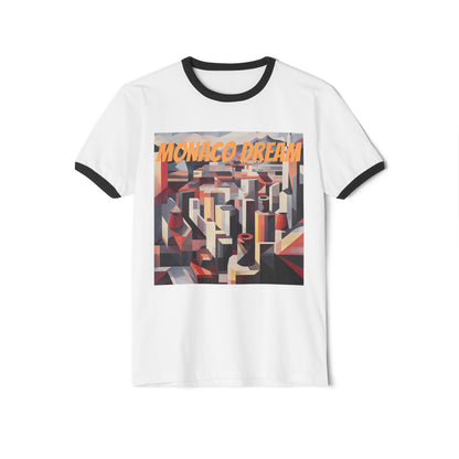 A white/black T-shirt featuring the "Monaco Dream" print, showcasing a dynamic geometric cityscape in retro-futuristic colors.