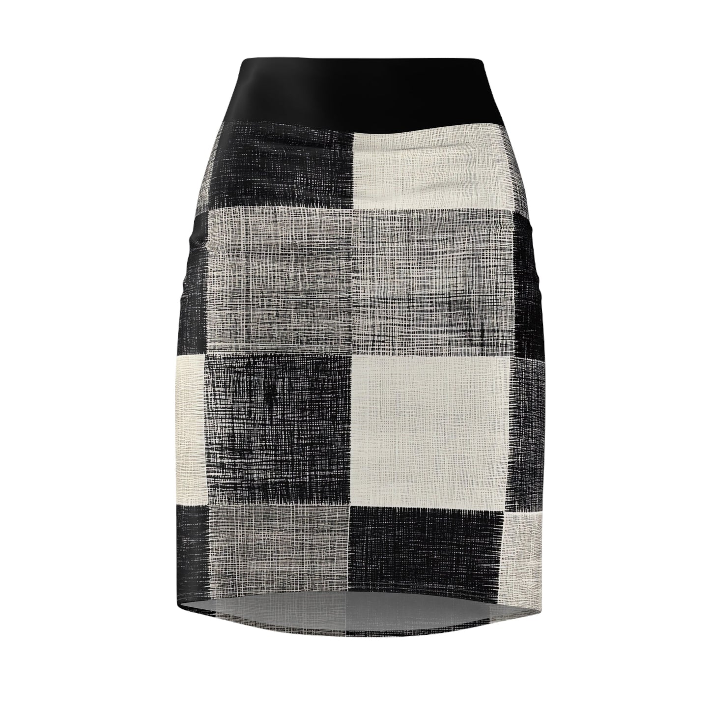 The front of a pencil skirt featuring a unique roll-to-roll all-over print.