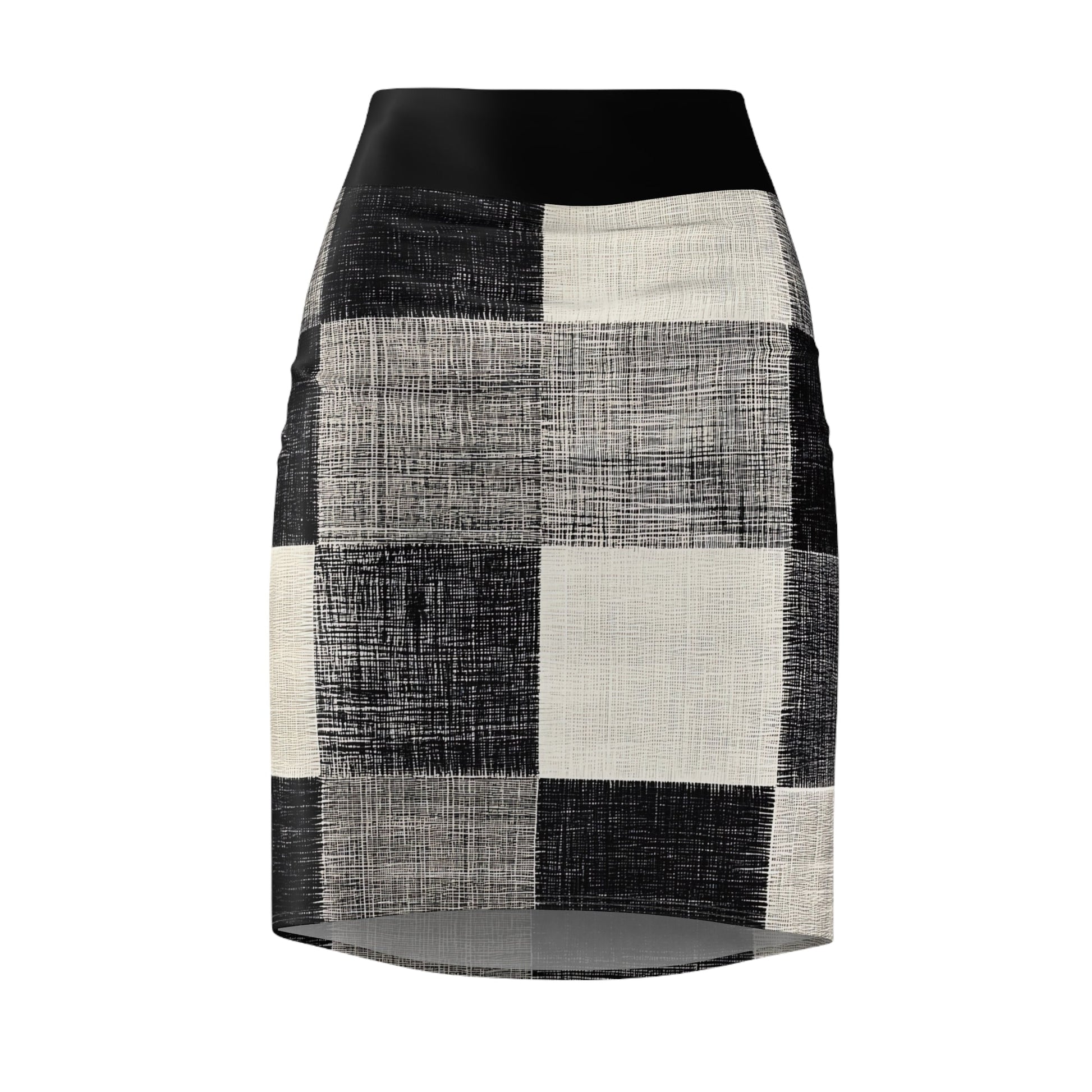 The front of a pencil skirt featuring a unique roll-to-roll all-over print.