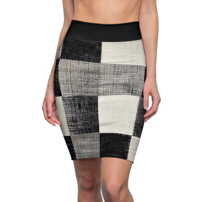 The lower body of a woman wearing a pencil skirt featuring a unique roll-to-roll all-over print.