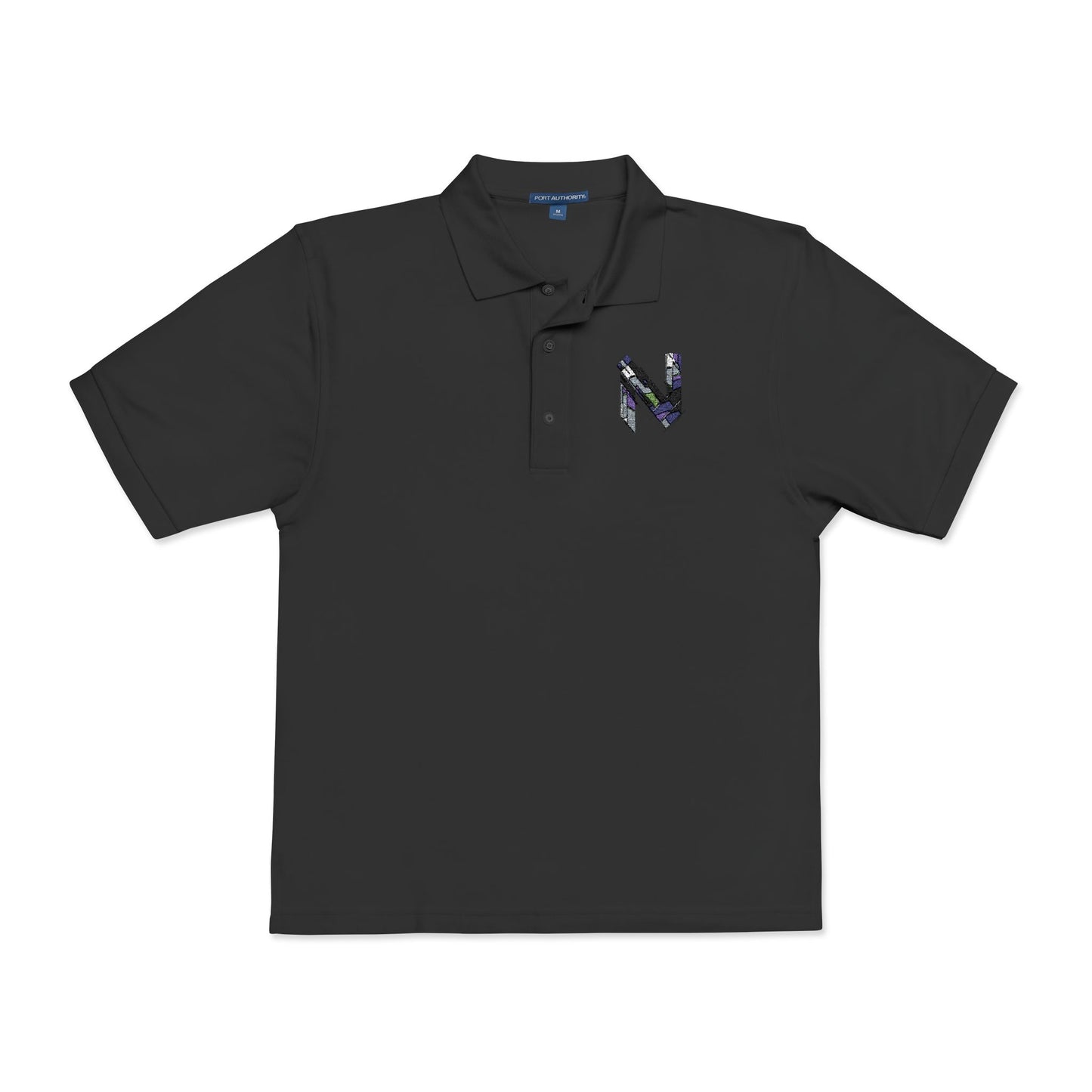 Left chest adorned with a futuristic "N" logo, this black polo shirt.