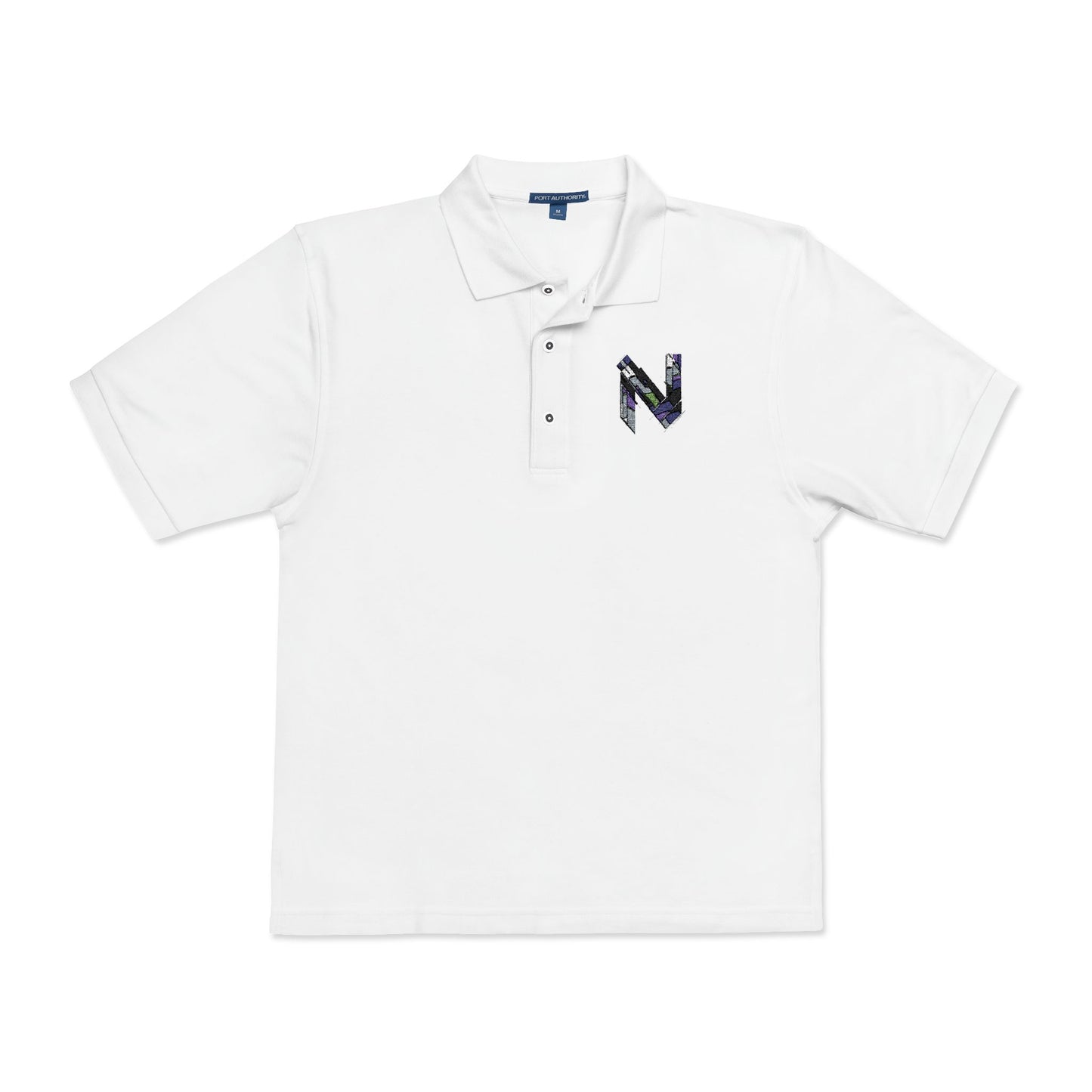 Left chest adorned with a futuristic "N" logo, this white polo shirt.