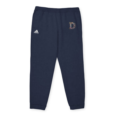 Collegiate Navy joggers featuring a bold "D" design on the front with a retro-futuristic and holographic vibe.