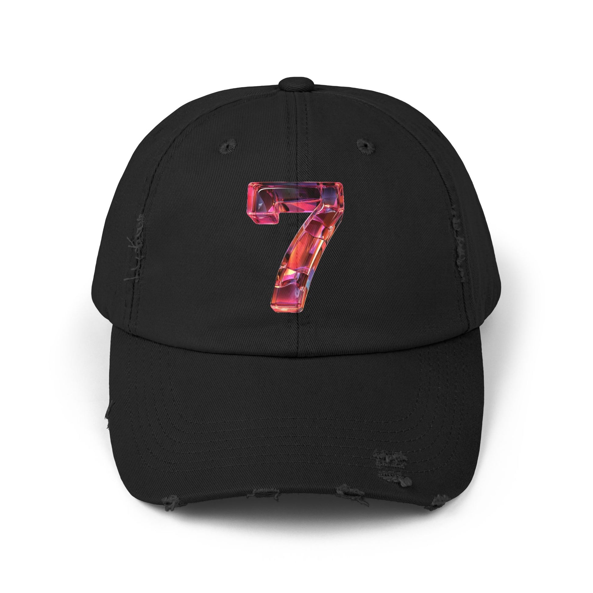 The front view of a distressed Black cap featuring a unique and modern design with a 3D image of the number "7" in a transparent glass style.
