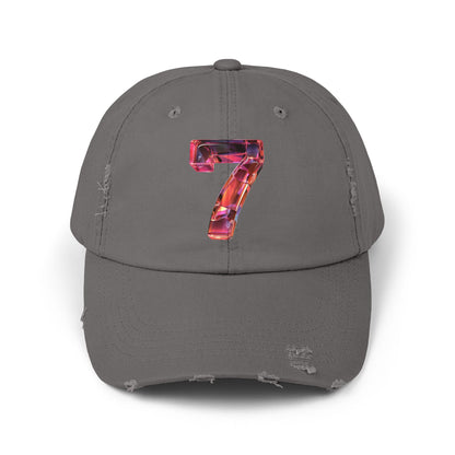 The front view of a distressed Nickel cap featuring a unique and modern design with a 3D image of the number "7" in a transparent glass style.