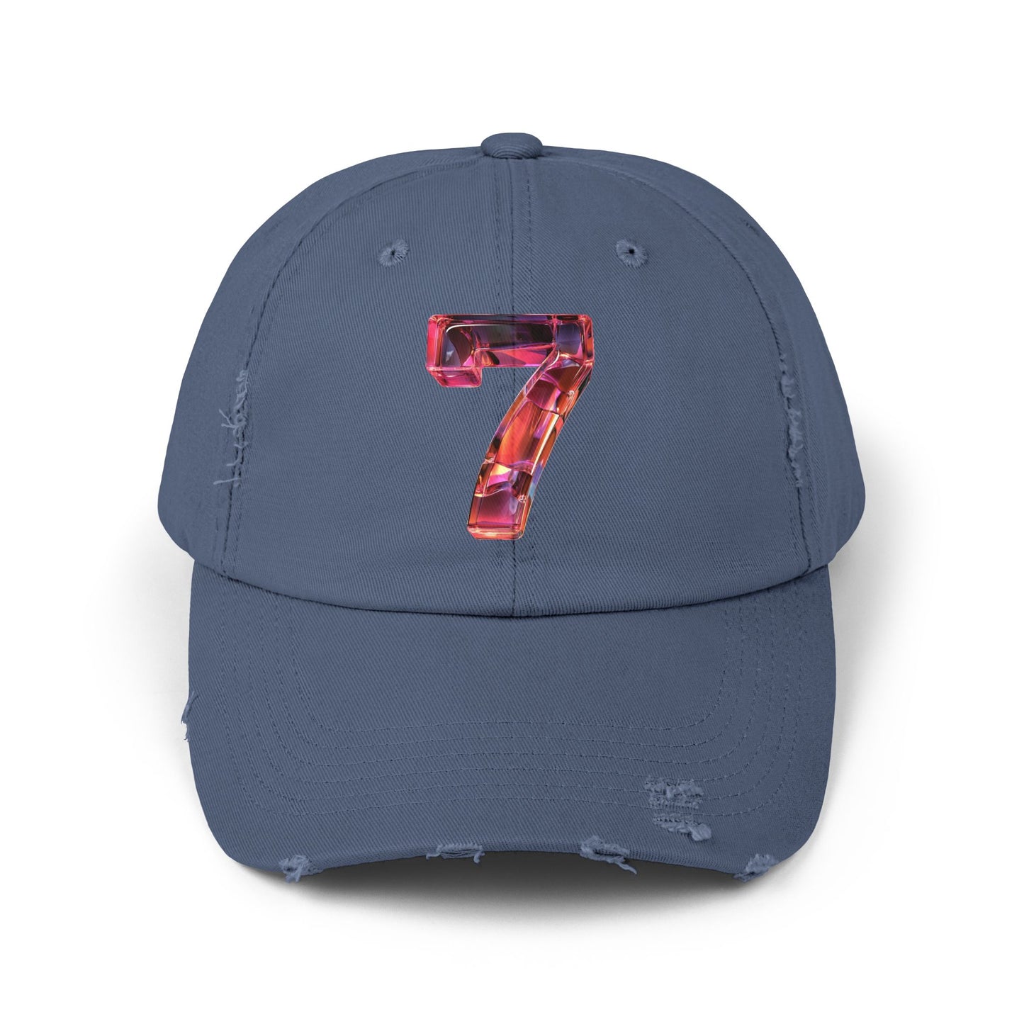 The front view of a distressed Scotland Blue cap featuring a unique and modern design with a 3D image of the number "7" in a transparent glass style.