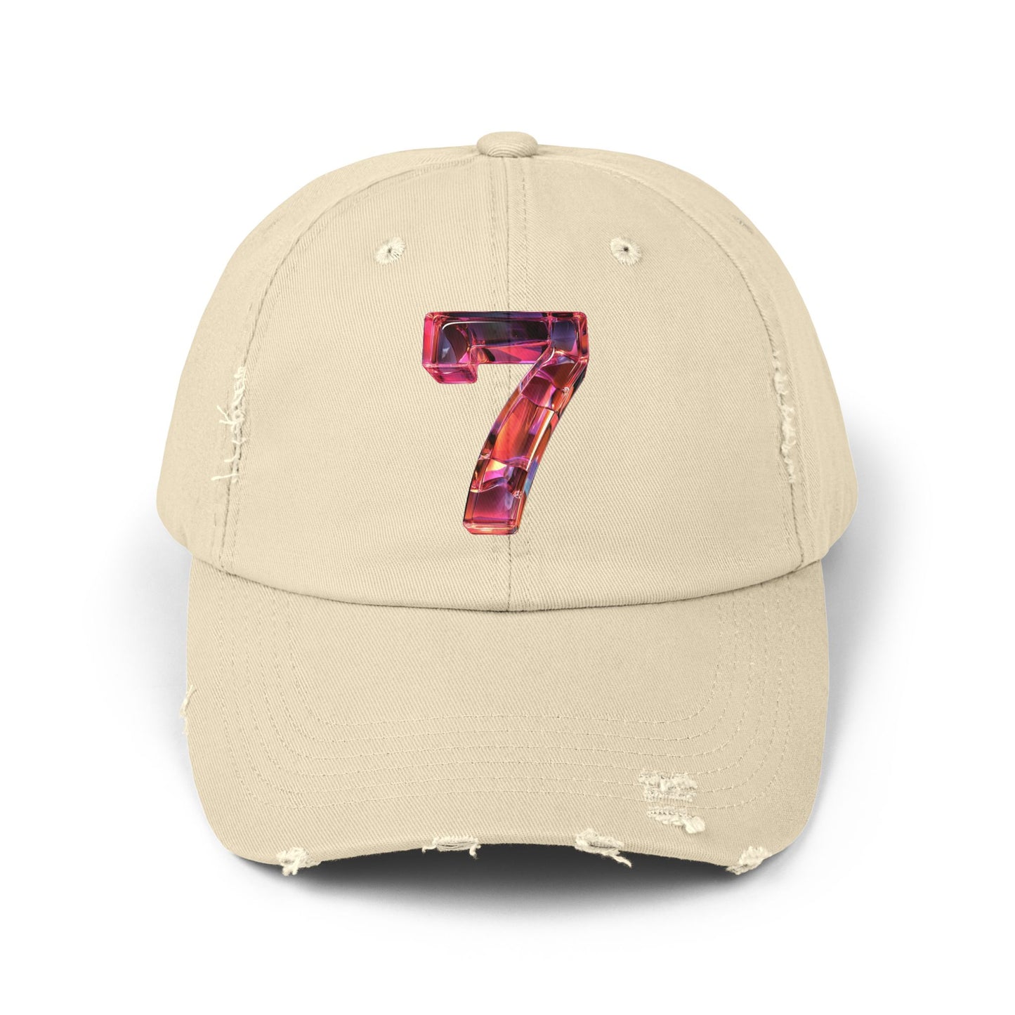 The front view of a distressed Stone cap featuring a unique and modern design with a 3D image of the number "7" in a transparent glass style.