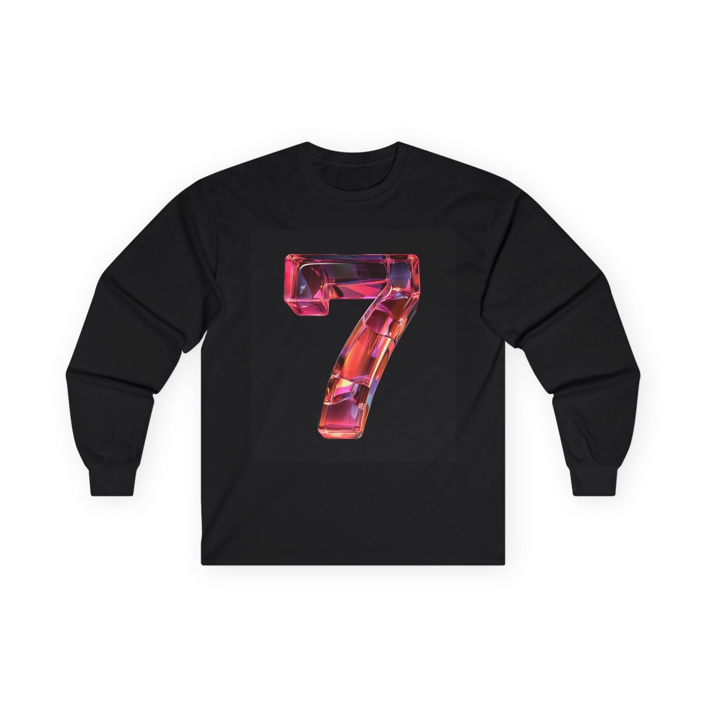 A Black long-sleeve T-shirt featuring a 3D image of the number "7" with a glossy and reflective transparent glass-like effect.
