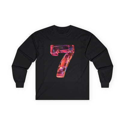 A Black long-sleeve T-shirt featuring a 3D image of the number "7" with a glossy and reflective transparent glass-like effect.
