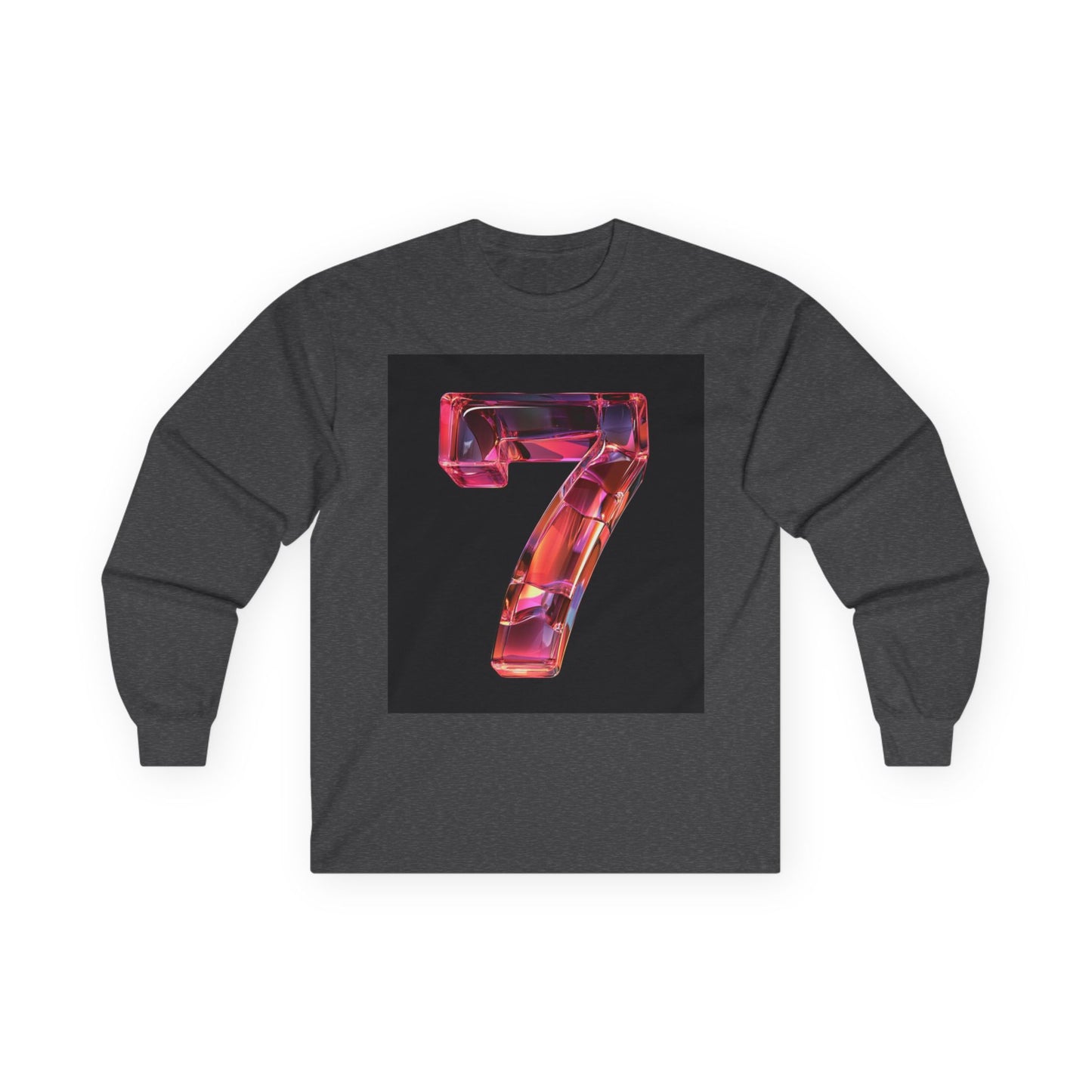 A Dark Heather long-sleeve T-shirt featuring a 3D image of the number "7" with a glossy and reflective transparent glass-like effect.