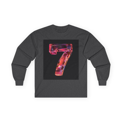 A Dark Heather long-sleeve T-shirt featuring a 3D image of the number "7" with a glossy and reflective transparent glass-like effect.