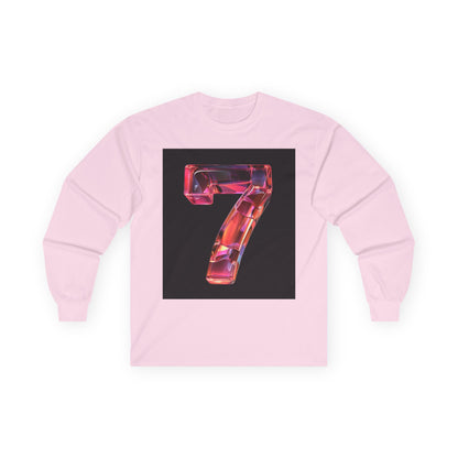 A Light Pink long-sleeve T-shirt featuring a 3D image of the number "7" with a glossy and reflective transparent glass-like effect.
