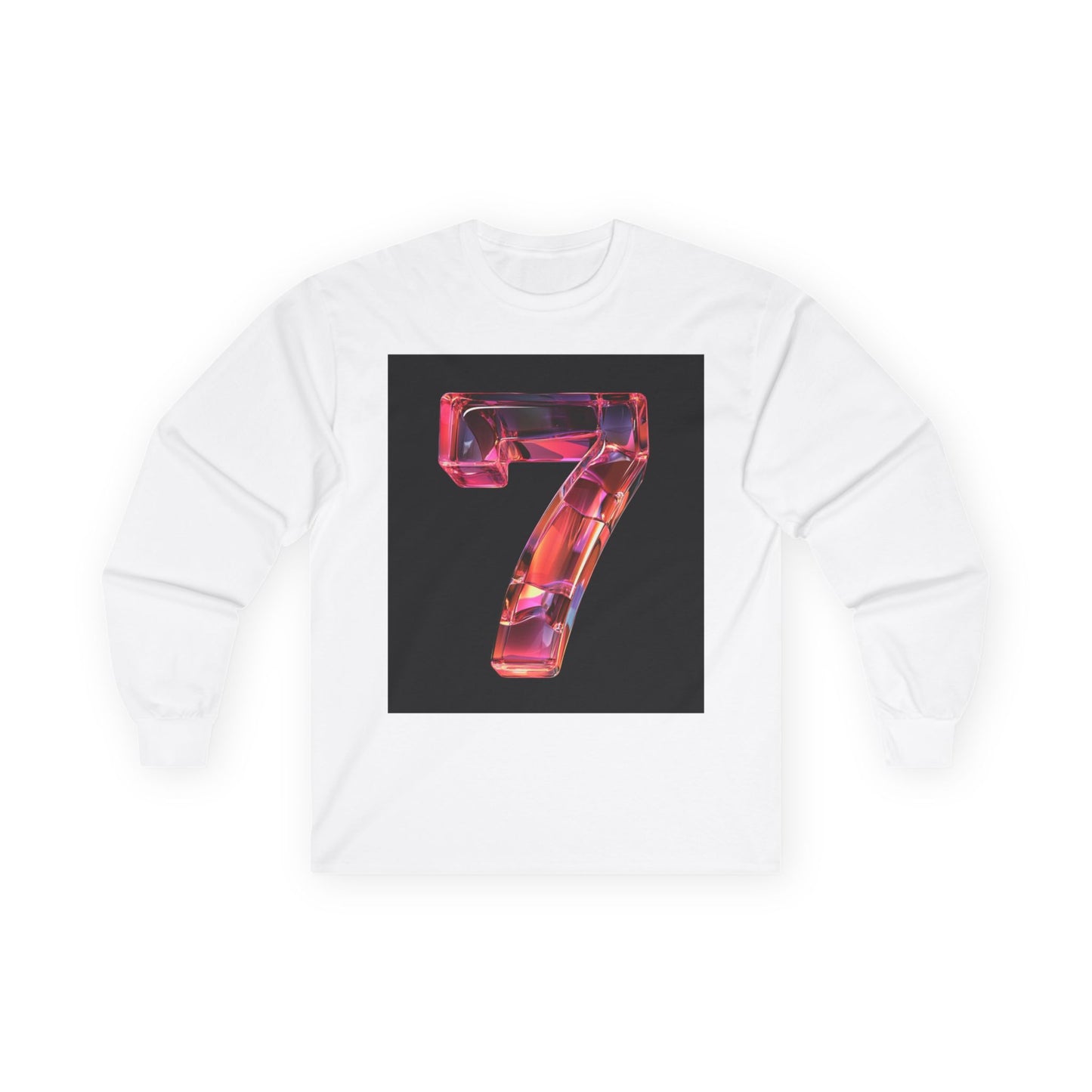 A White long-sleeve T-shirt featuring a 3D image of the number "7" with a glossy and reflective transparent glass-like effect.