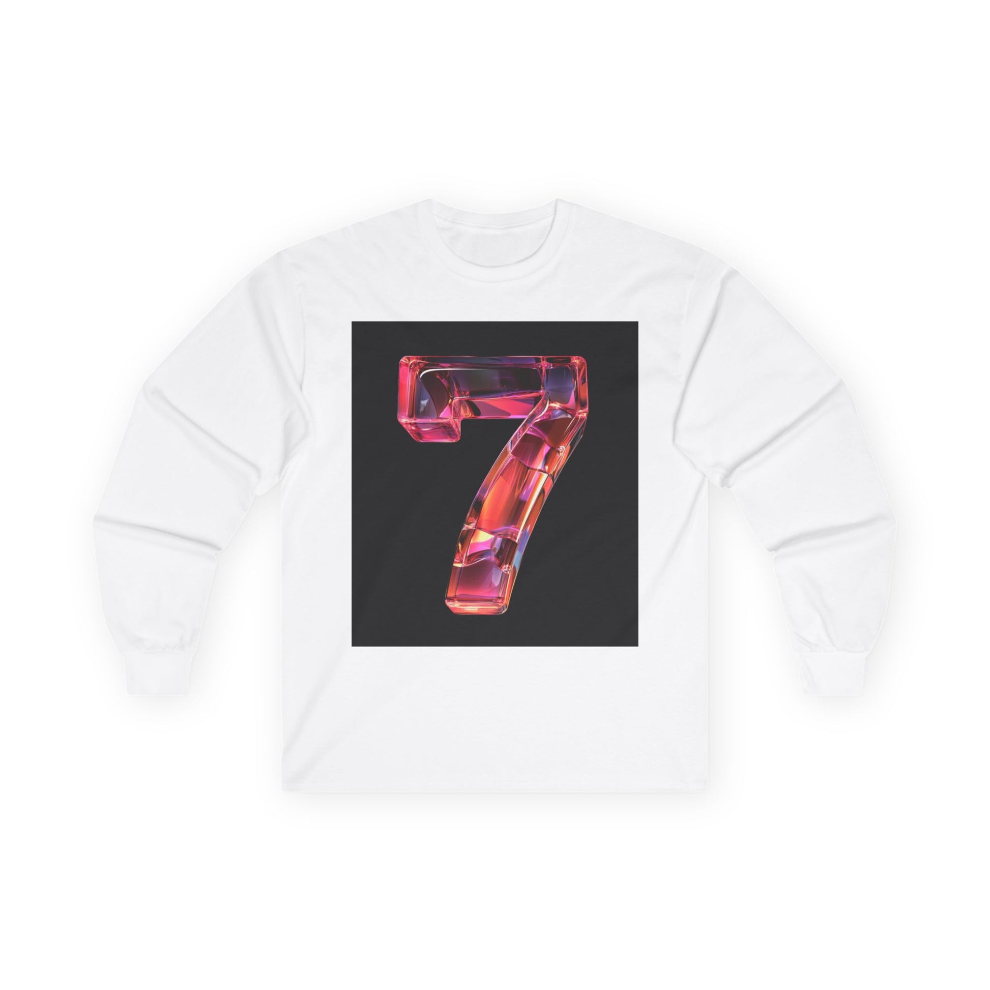 A White long-sleeve T-shirt featuring a 3D image of the number "7" with a glossy and reflective transparent glass-like effect.