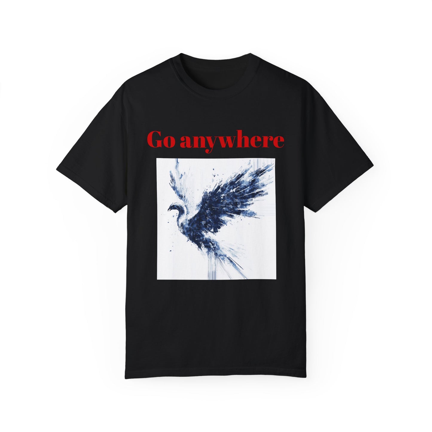 A unisex Black garment-dyed T-shirt featuring glitch art depicting a majestic phoenix rising, fragmented in navy and white digital distortion.
