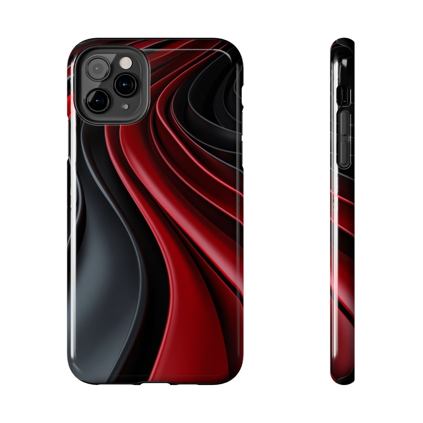 The front and side view of a smart and modern smartphone case for iPhone 11 Pro Max, featuring a matte black and red 3D abstract design.
