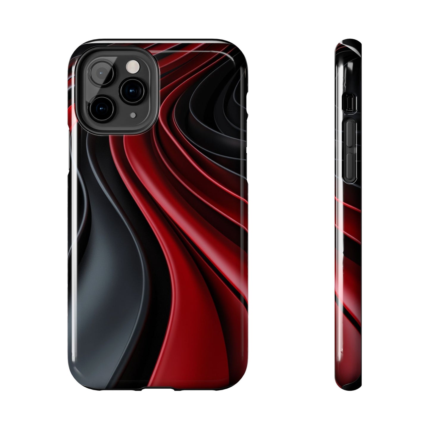 The front and side view of a smart and modern smartphone case for iPhone 11 Pro, featuring a matte black and red 3D abstract design.
