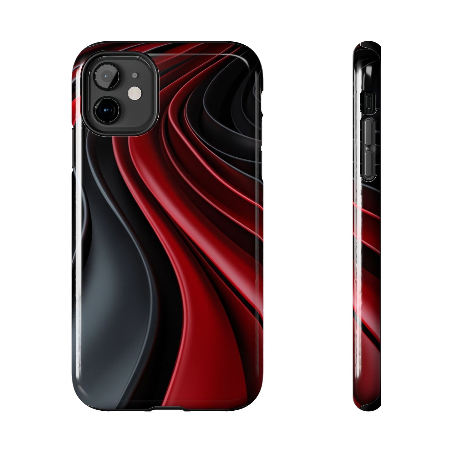 The front and side view of a smart and modern smartphone case for iPhone 11, featuring a matte black and red 3D abstract design.
