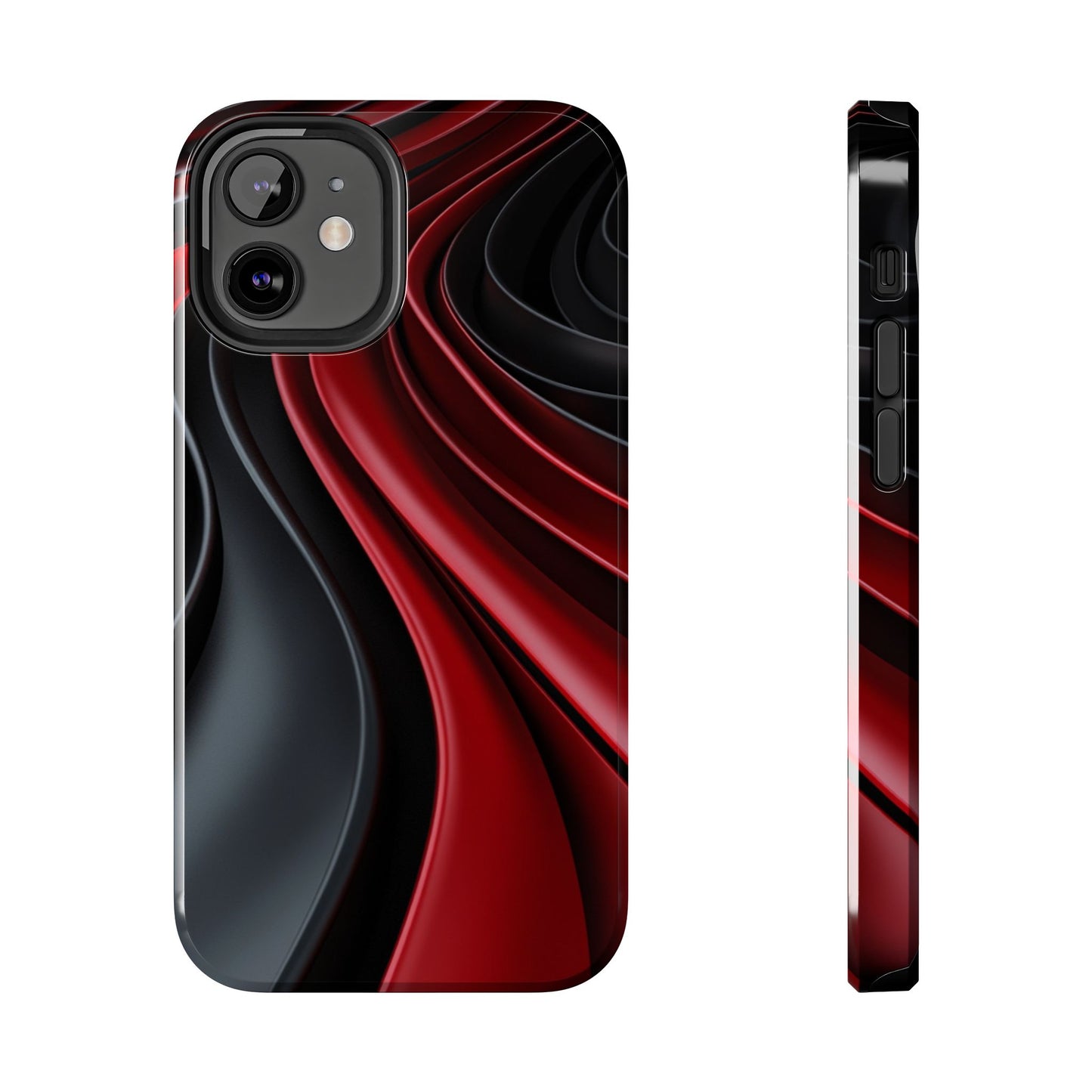 The front and side view of a smart and modern smartphone case for iPhone 12 Mini, featuring a matte black and red 3D abstract design.
