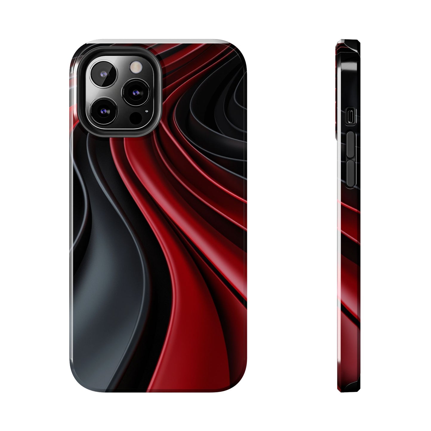 The front and side view of a smart and modern smartphone case for iPhone 12 Pro Max, featuring a matte black and red 3D abstract design.
