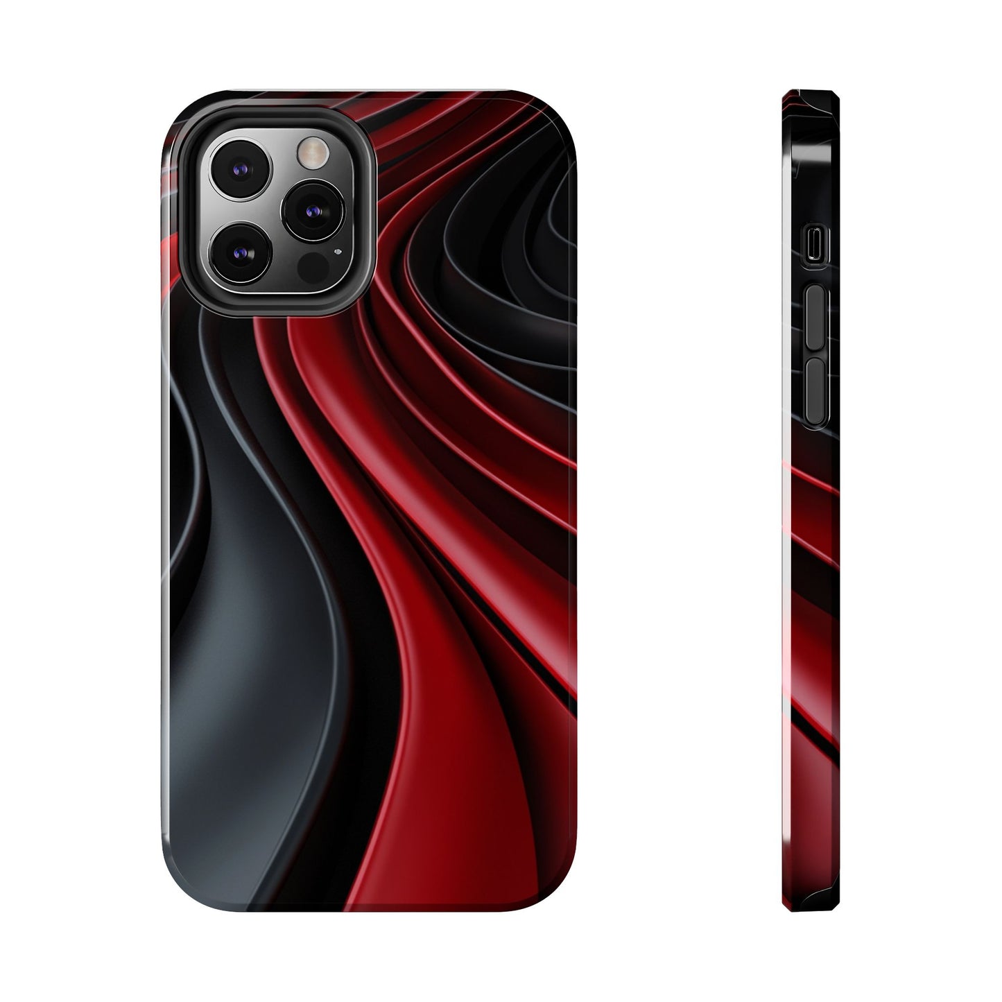 The front and side view of a smart and modern smartphone case for iPhone 12 Pro, featuring a matte black and red 3D abstract design.
