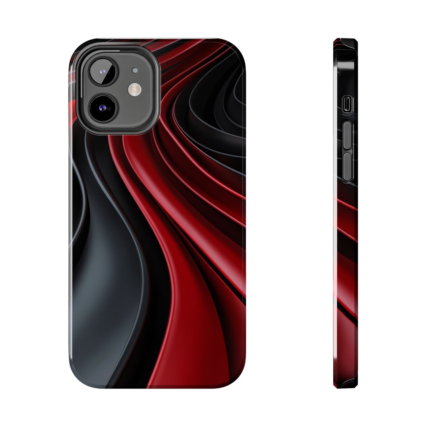 The front and side view of a smart and modern smartphone case for iPhone 12, featuring a matte black and red 3D abstract design.
