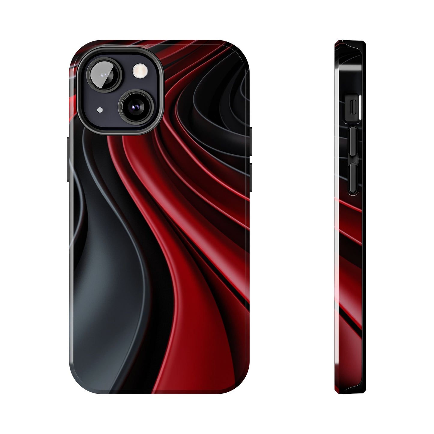 The front and side view of a smart and modern smartphone case for iPhone 13 Mini, featuring a matte black and red 3D abstract design.
