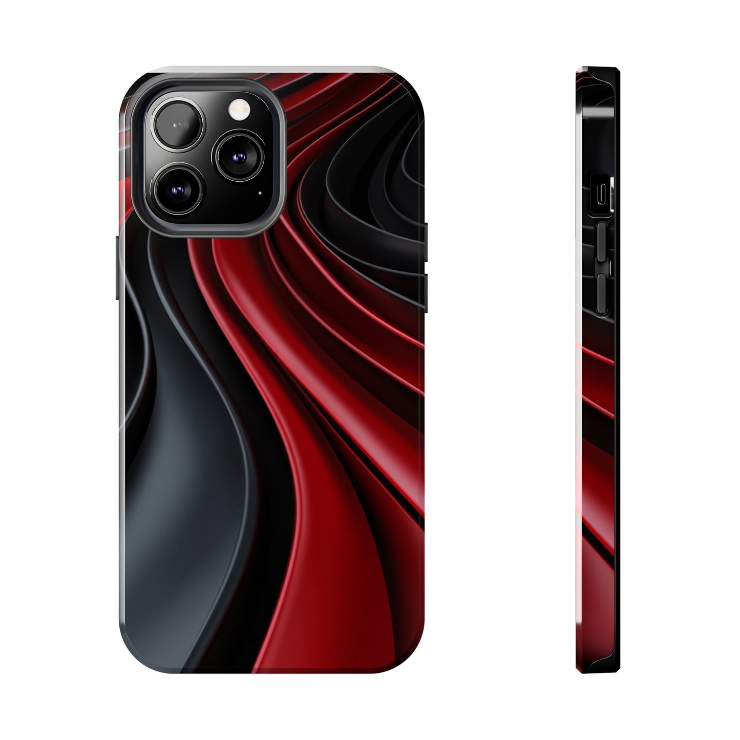 The front and side view of a smart and modern smartphone case for iPhone 13 Pro Max, featuring a matte black and red 3D abstract design.
