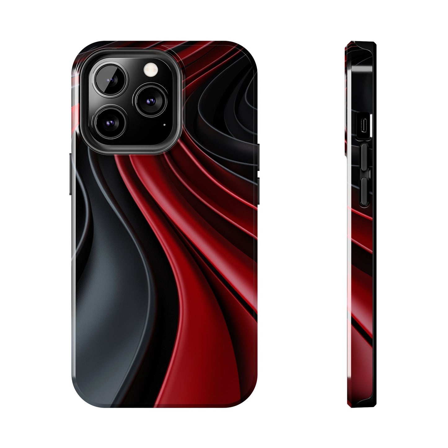 The front and side view of a smart and modern smartphone case for iPhone 13 Pro, featuring a matte black and red 3D abstract design.
