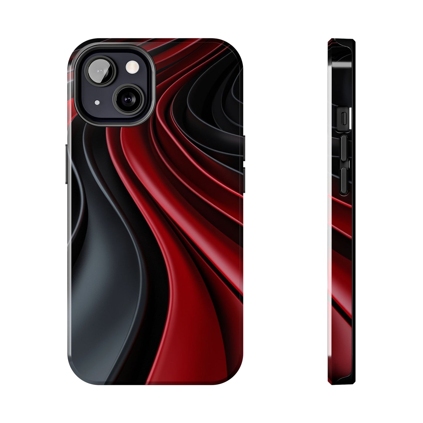 The front and side view of a smart and modern smartphone case for iPhone 13, featuring a matte black and red 3D abstract design.
