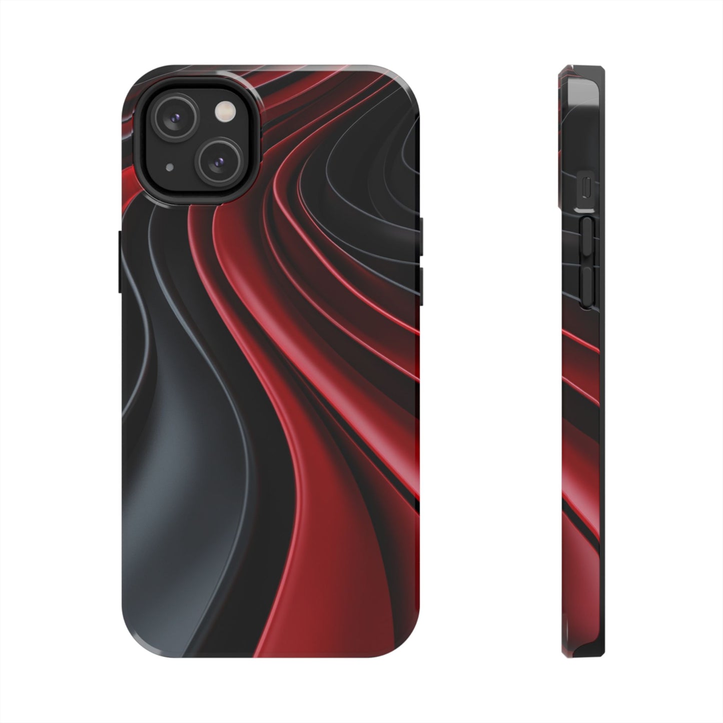 The front and side view of a smart and modern smartphone case for iPhone 14 Plus, featuring a matte black and red 3D abstract design.
