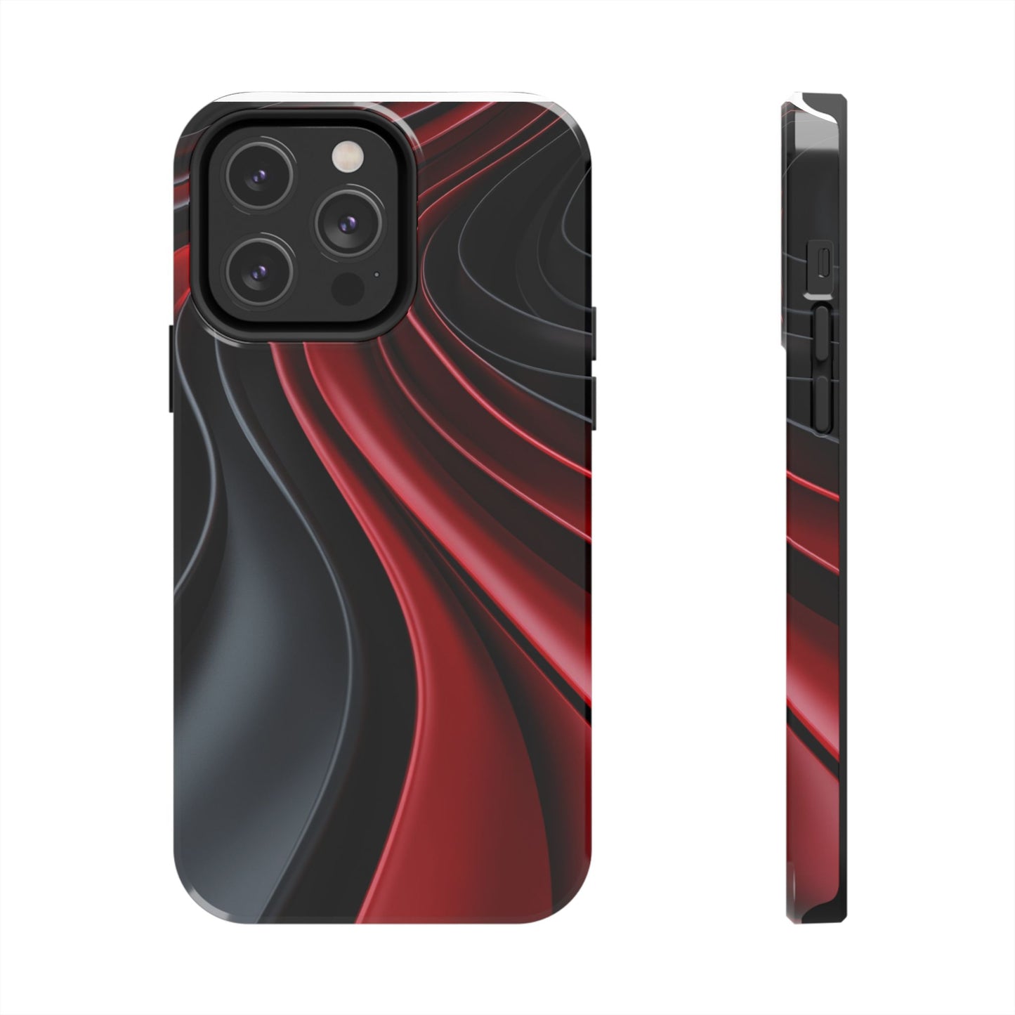 The front and side view of a smart and modern smartphone case for iPhone 14 Pro Max, featuring a matte black and red 3D abstract design.
