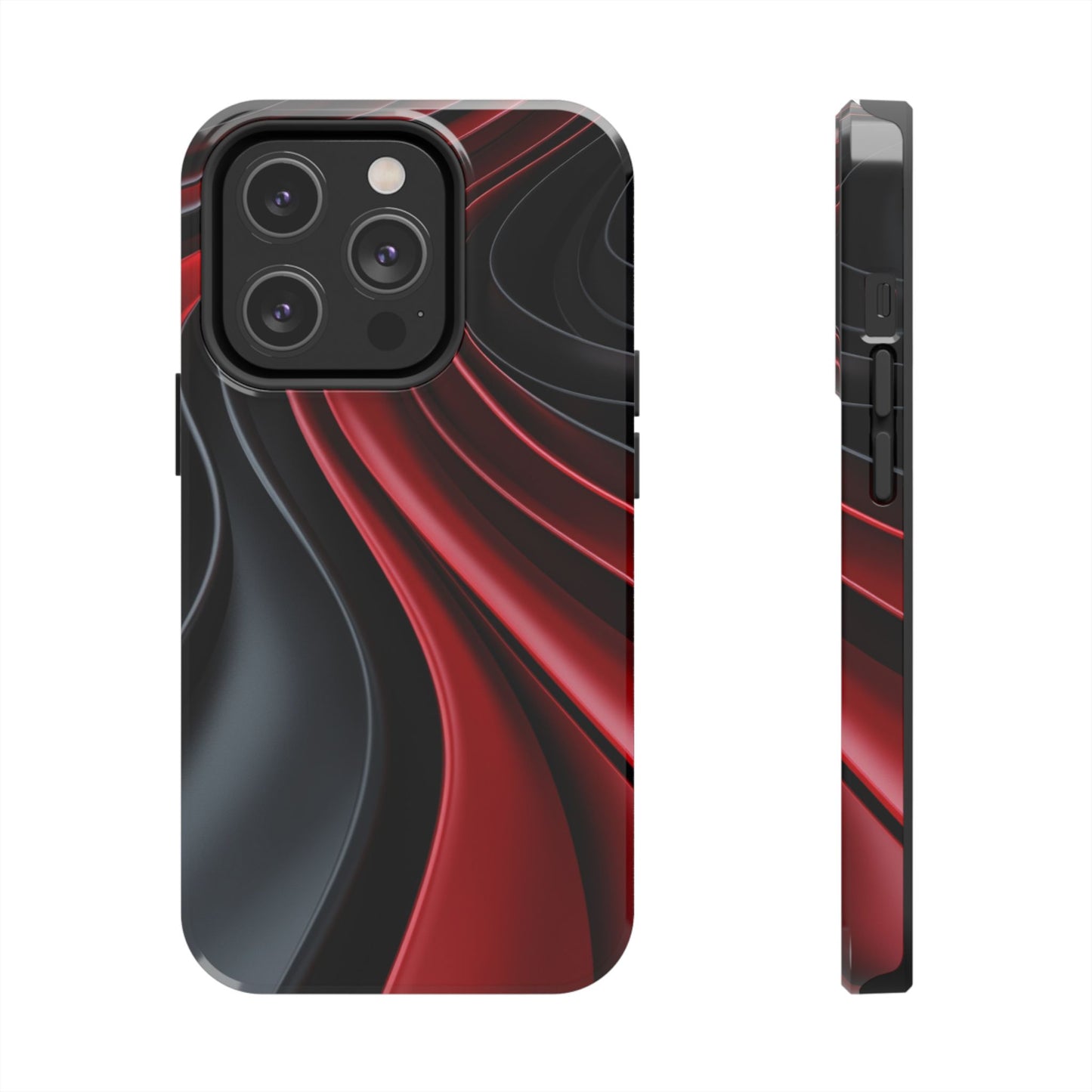 The front and side view of a smart and modern smartphone case for iPhone 14 Pro, featuring a matte black and red 3D abstract design.
