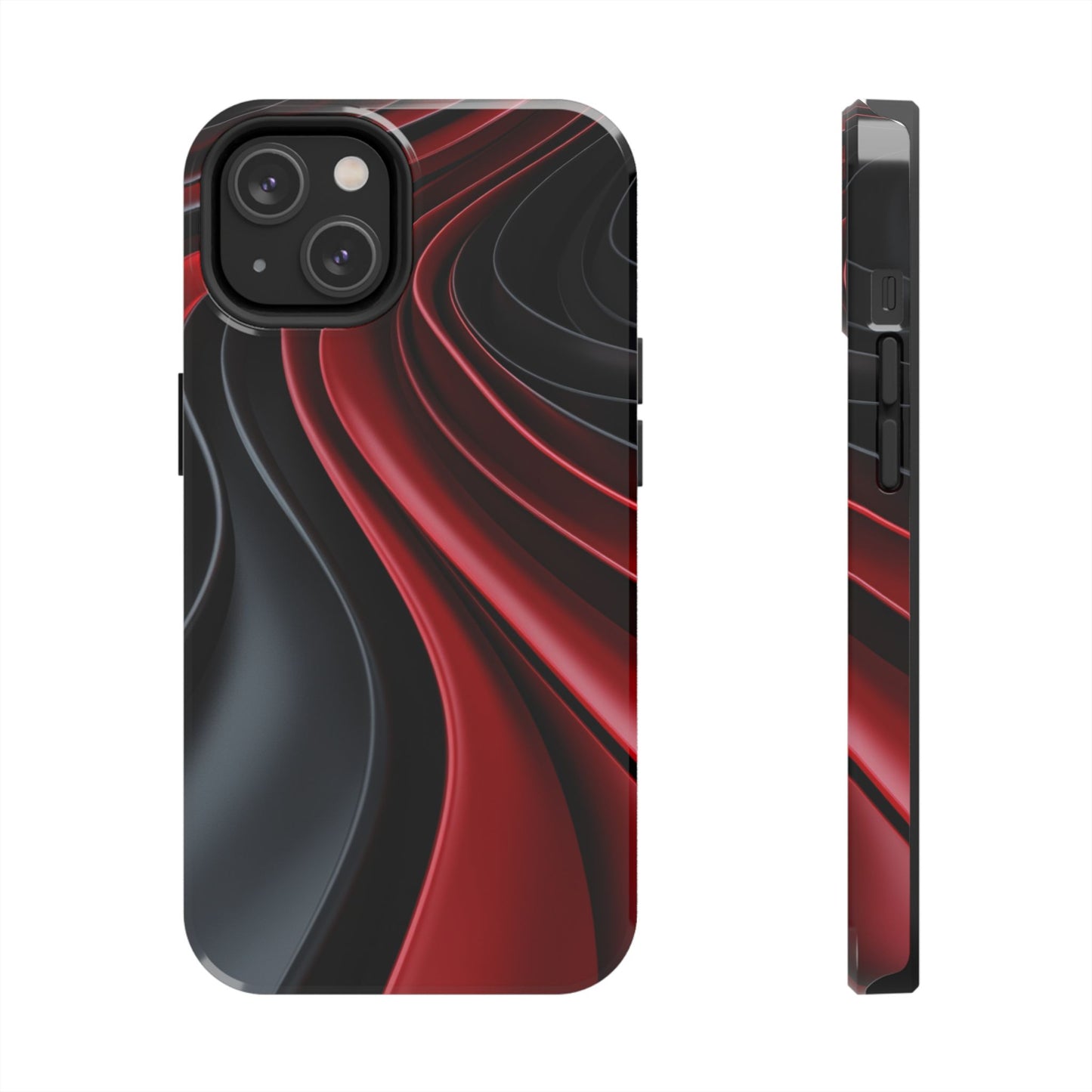 The front and side view of a smart and modern smartphone case for iPhone 14, featuring a matte black and red 3D abstract design.
