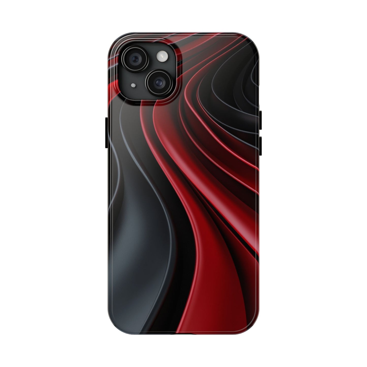 The front view of a smart and modern smartphone case for iPhone 15 Plus, featuring a matte black and red 3D abstract design.
