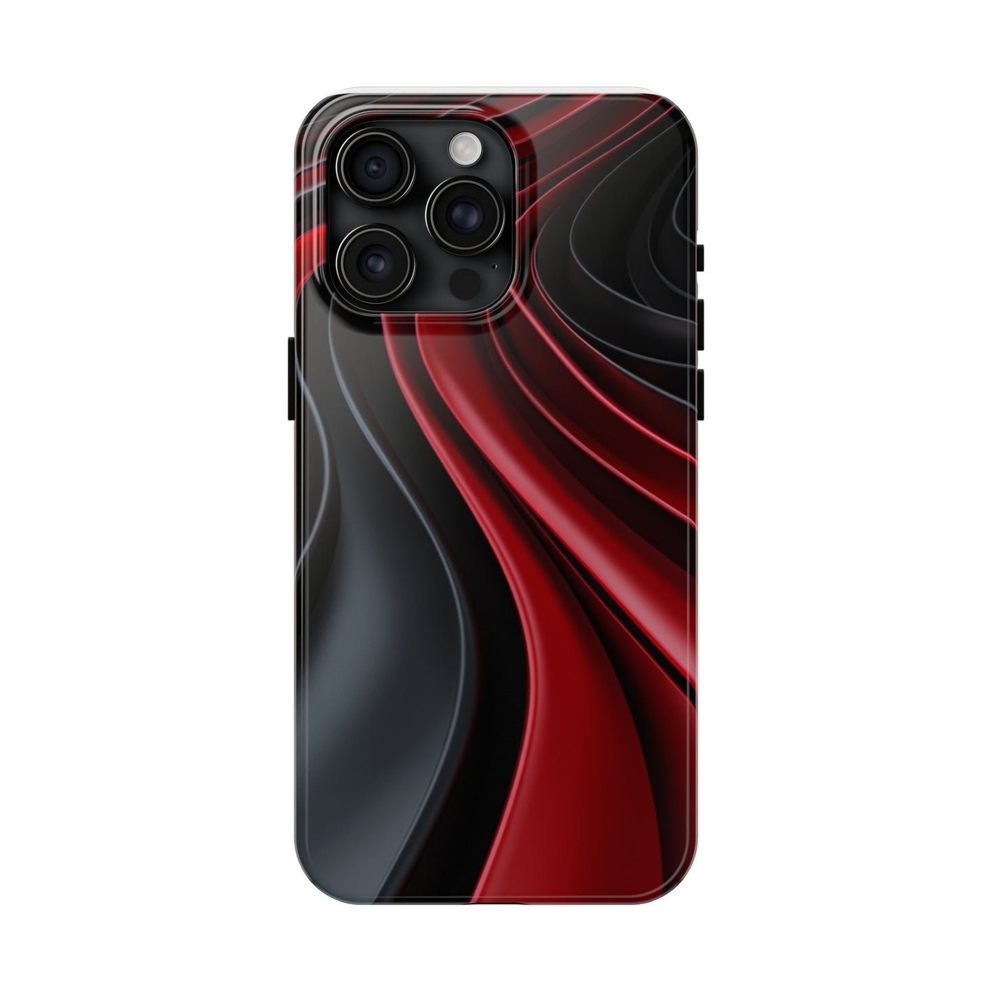 The front view of a smart and modern smartphone case for iPhone 15 Pro Max, featuring a matte black and red 3D abstract design.
