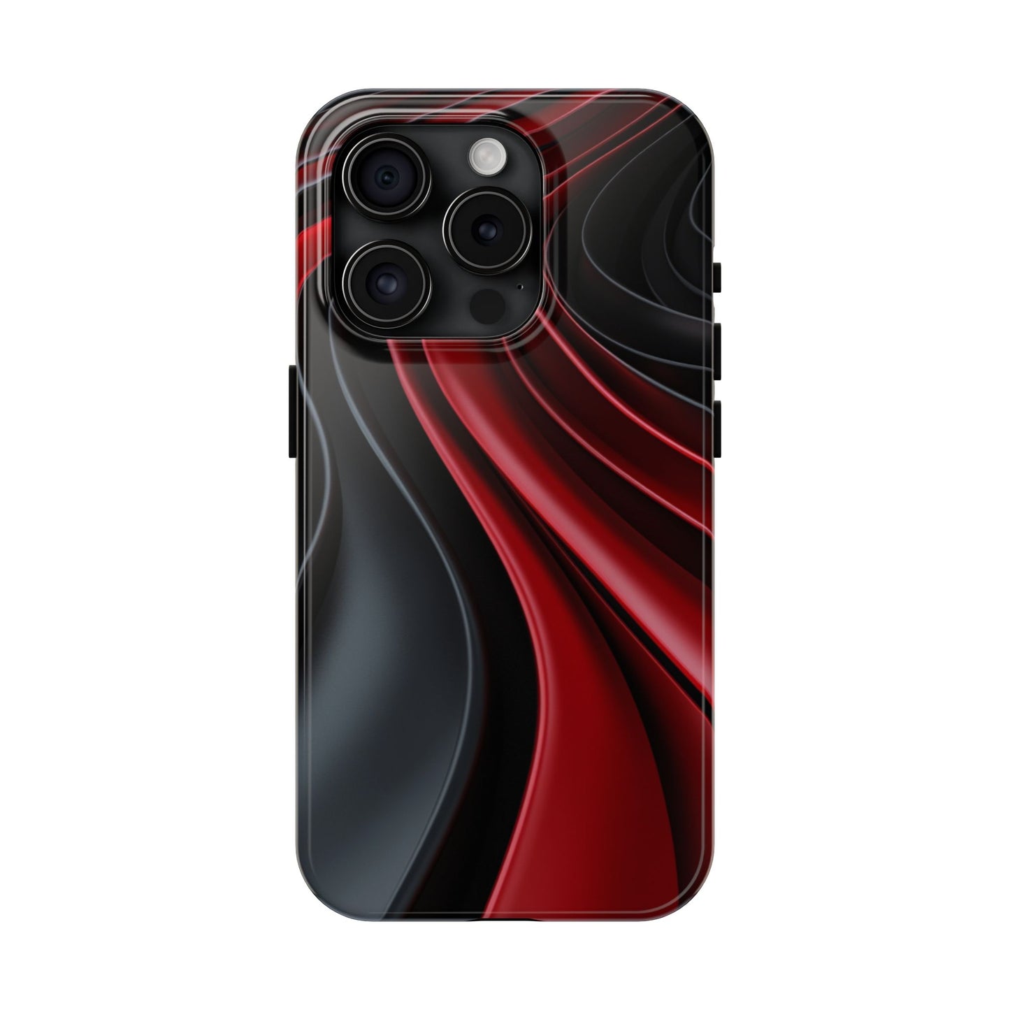 The front view of a smart and modern smartphone case for iPhone 15 Pro, featuring a matte black and red 3D abstract design.
