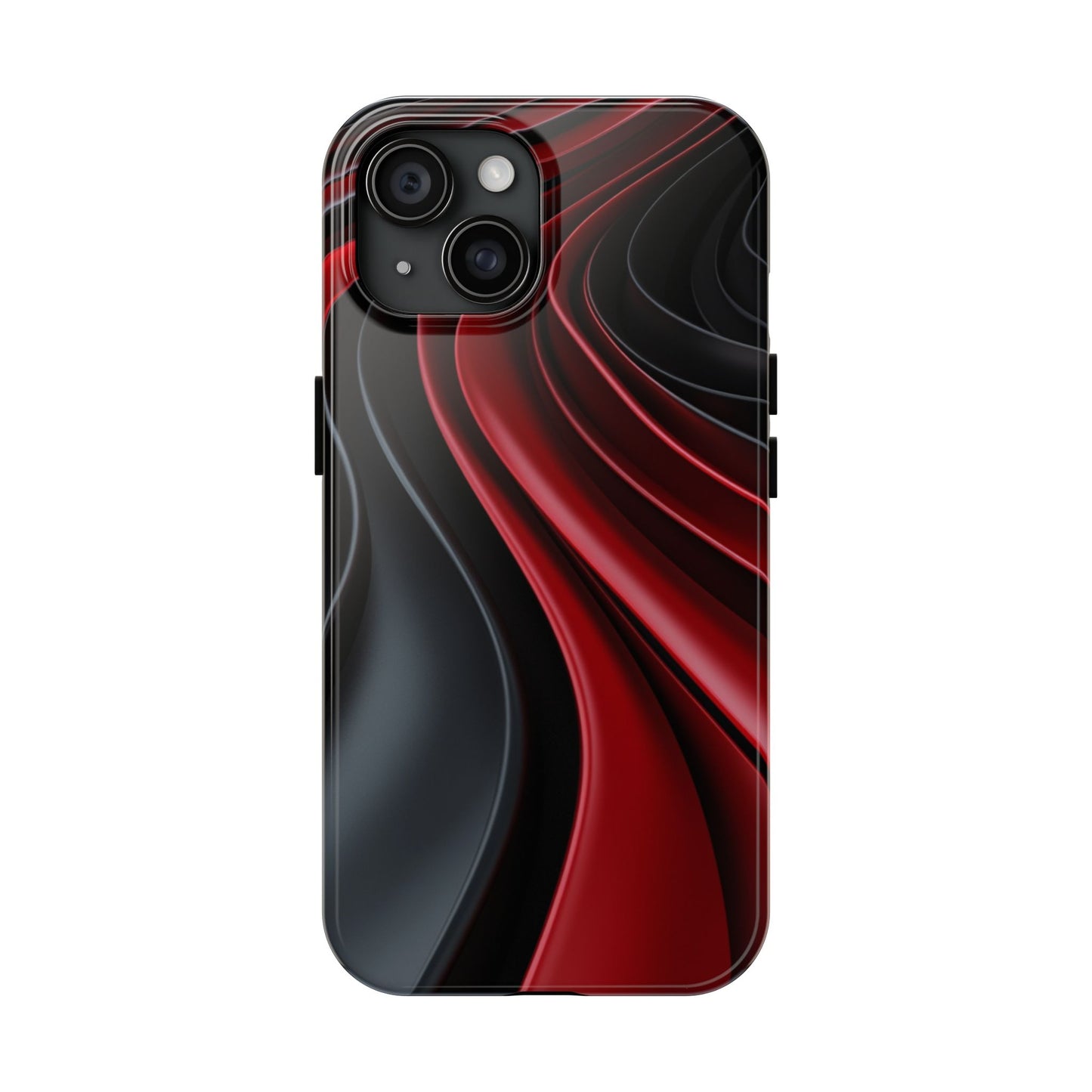 The front view of a smart and modern smartphone case for iPhone 15, featuring a matte black and red 3D abstract design.
