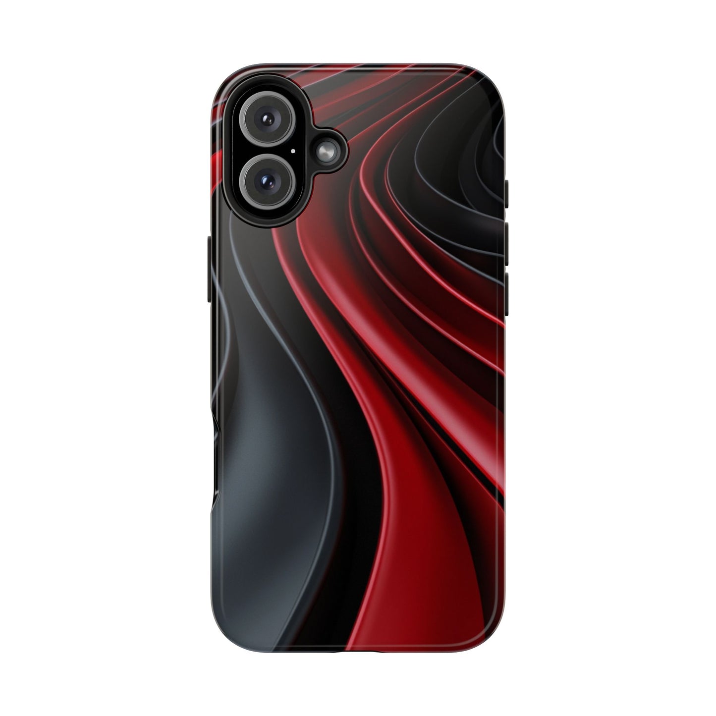 The front view of a smart and modern smartphone case for iPhone 16 Plus, featuring a matte black and red 3D abstract design.
