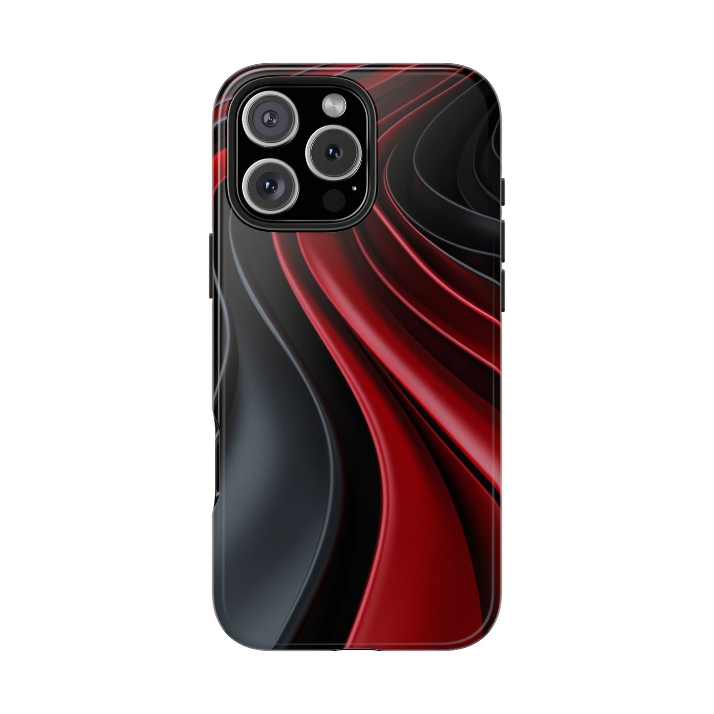 The front view of a smart and modern smartphone case for iPhone 16 Pro Max, featuring a matte black and red 3D abstract design.
