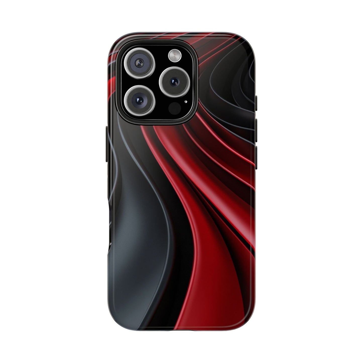 The front view of a smart and modern smartphone case for iPhone 16 Pro, featuring a matte black and red 3D abstract design.
