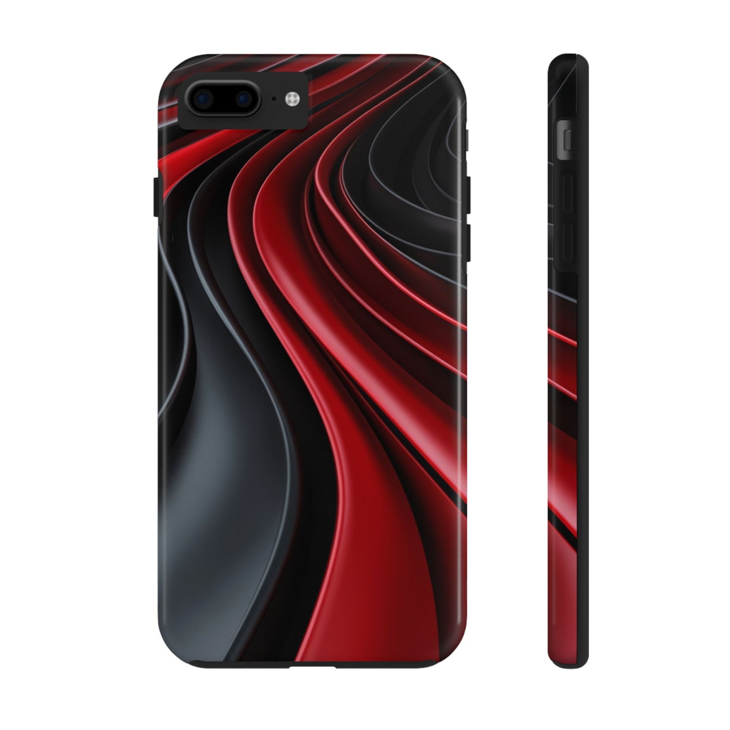 The front and side view of a smart and modern smartphone case for iPhone 7 Plus, iPhone 8 Plus, featuring a matte black and red 3D abstract design.
