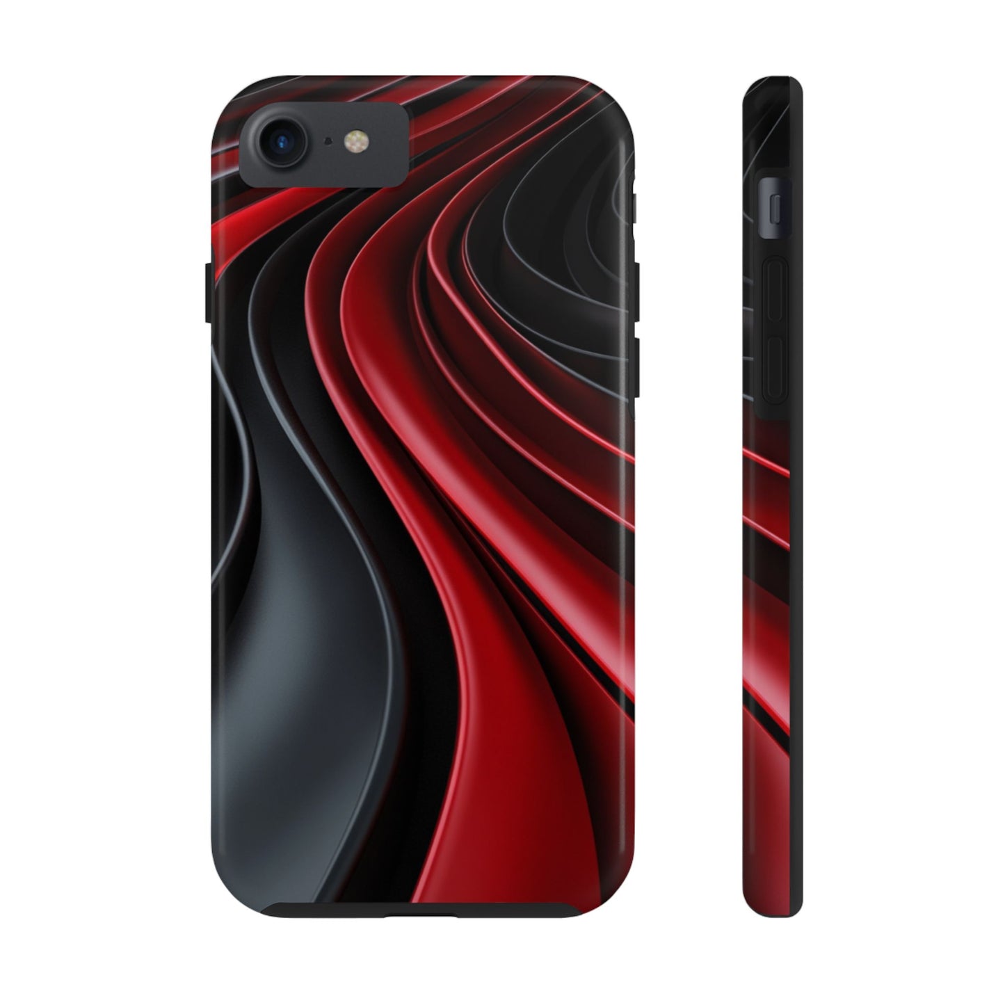 The front and side view of a smart and modern smartphone case for iPhone 7, iPhone 8, iPhone SE, featuring a matte black and red 3D abstract design.
