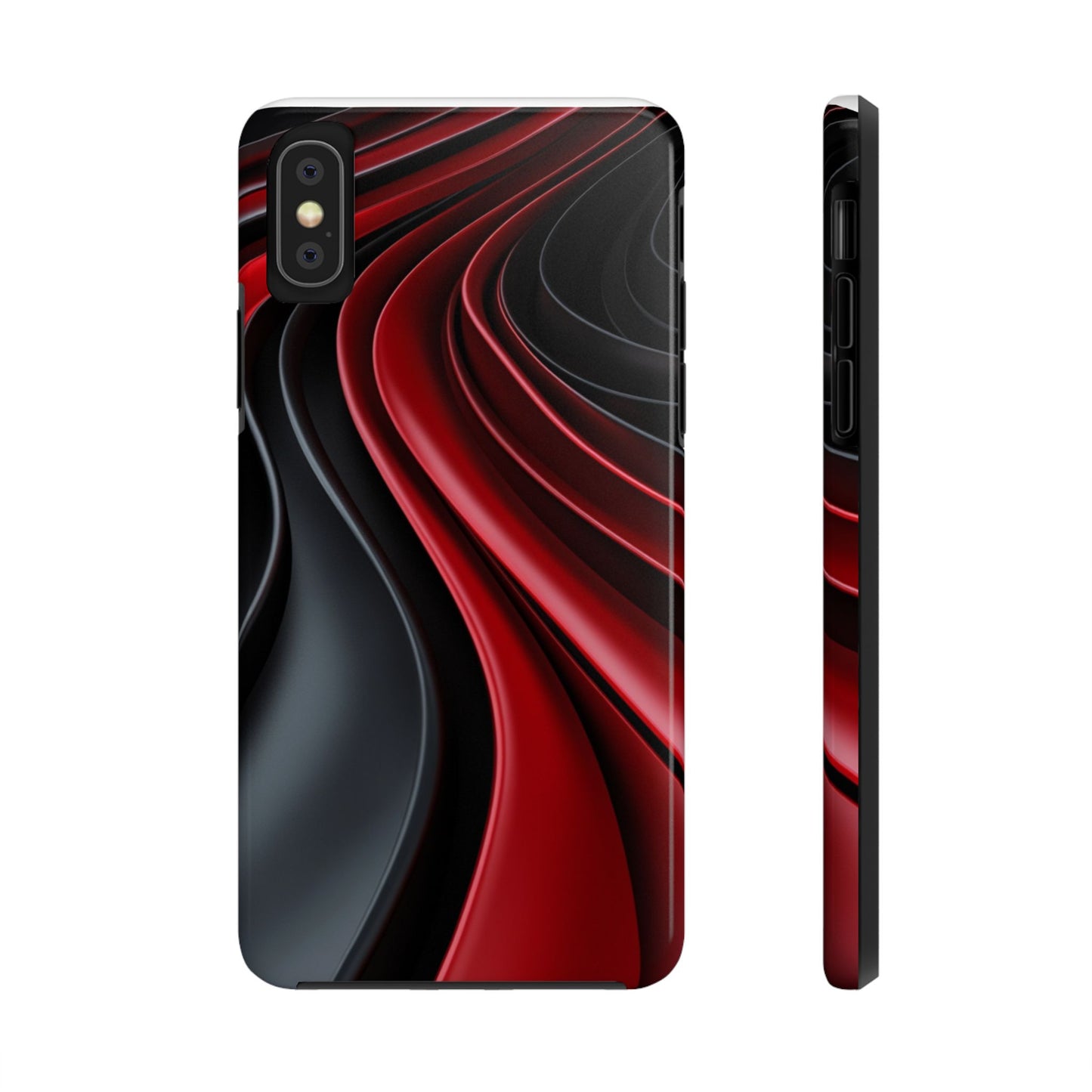 The front and side view of a smart and modern smartphone case for iPhone X, featuring a matte black and red 3D abstract design.
