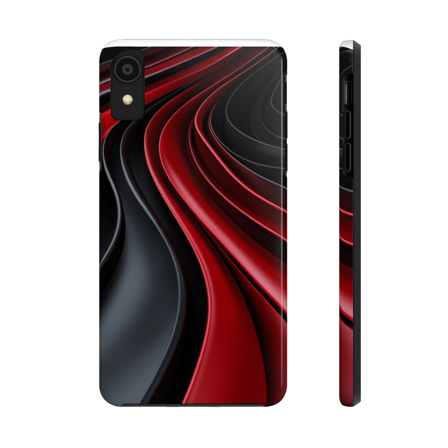 The front and side view of a smart and modern smartphone case for iPhone XR, featuring a matte black and red 3D abstract design.
