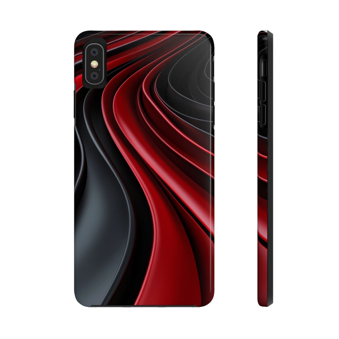 The front and side view of a smart and modern smartphone case for iPhone XS MAX, featuring a matte black and red 3D abstract design.
