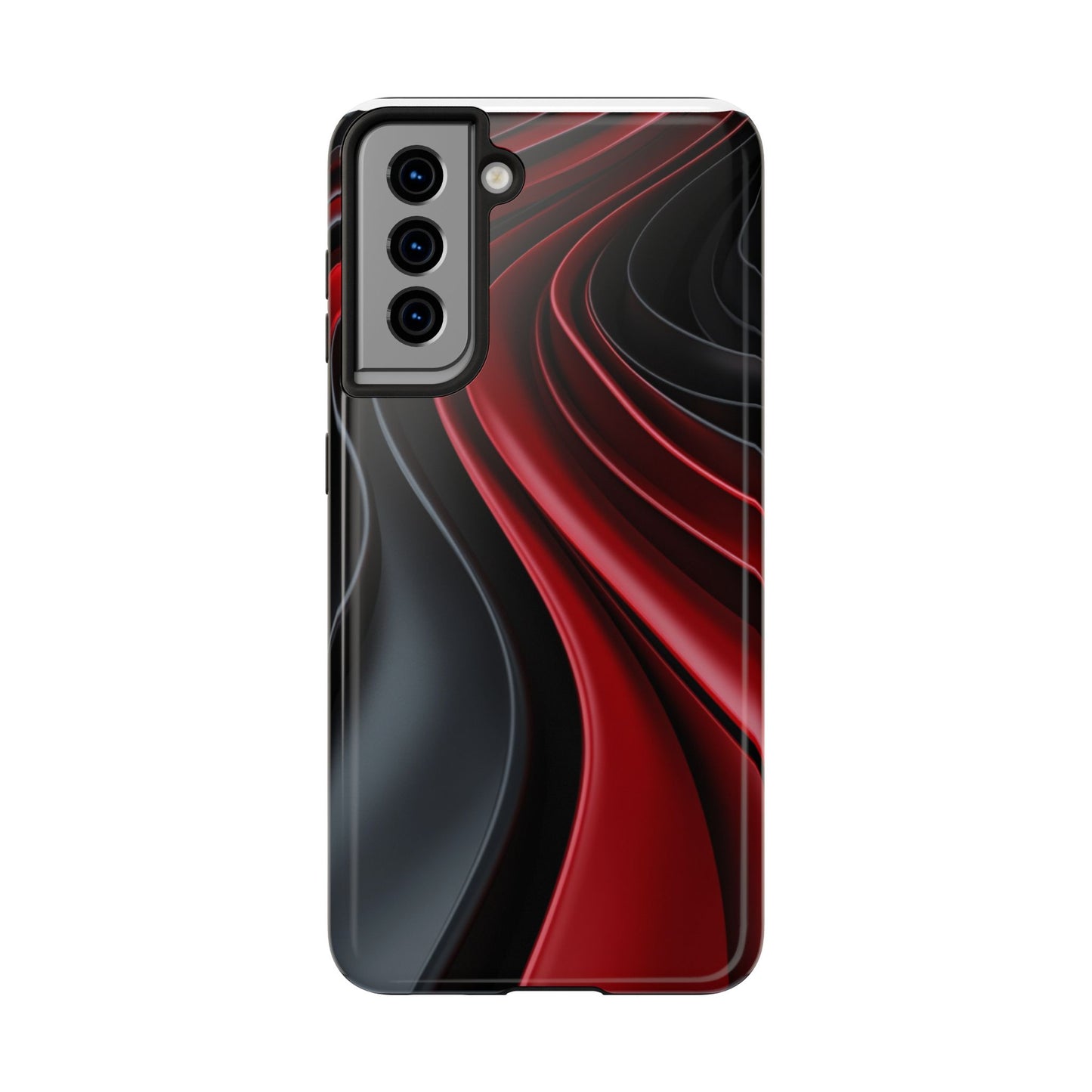 The front view of a smart and modern smartphone case for Samsung Galaxy S21, featuring a matte black and red 3D abstract design.
