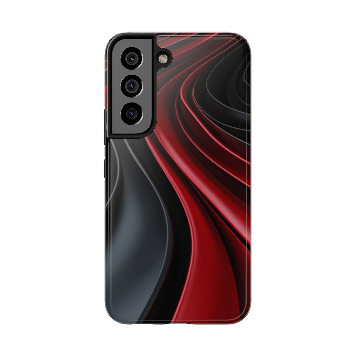 The front view of a smart and modern smartphone case for Samsung Galaxy S22, featuring a matte black and red 3D abstract design.
