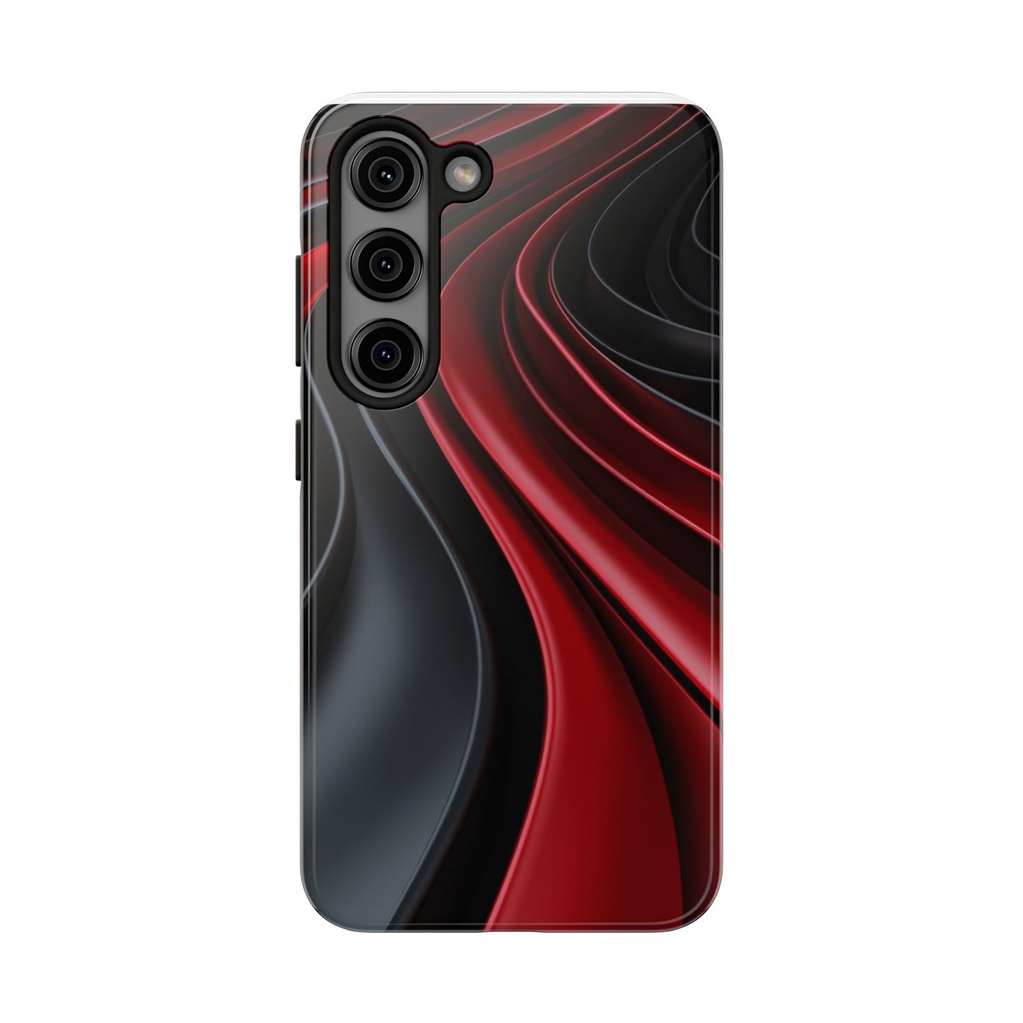 The front view of a smart and modern smartphone case for Samsung Galaxy S23, featuring a matte black and red 3D abstract design.
