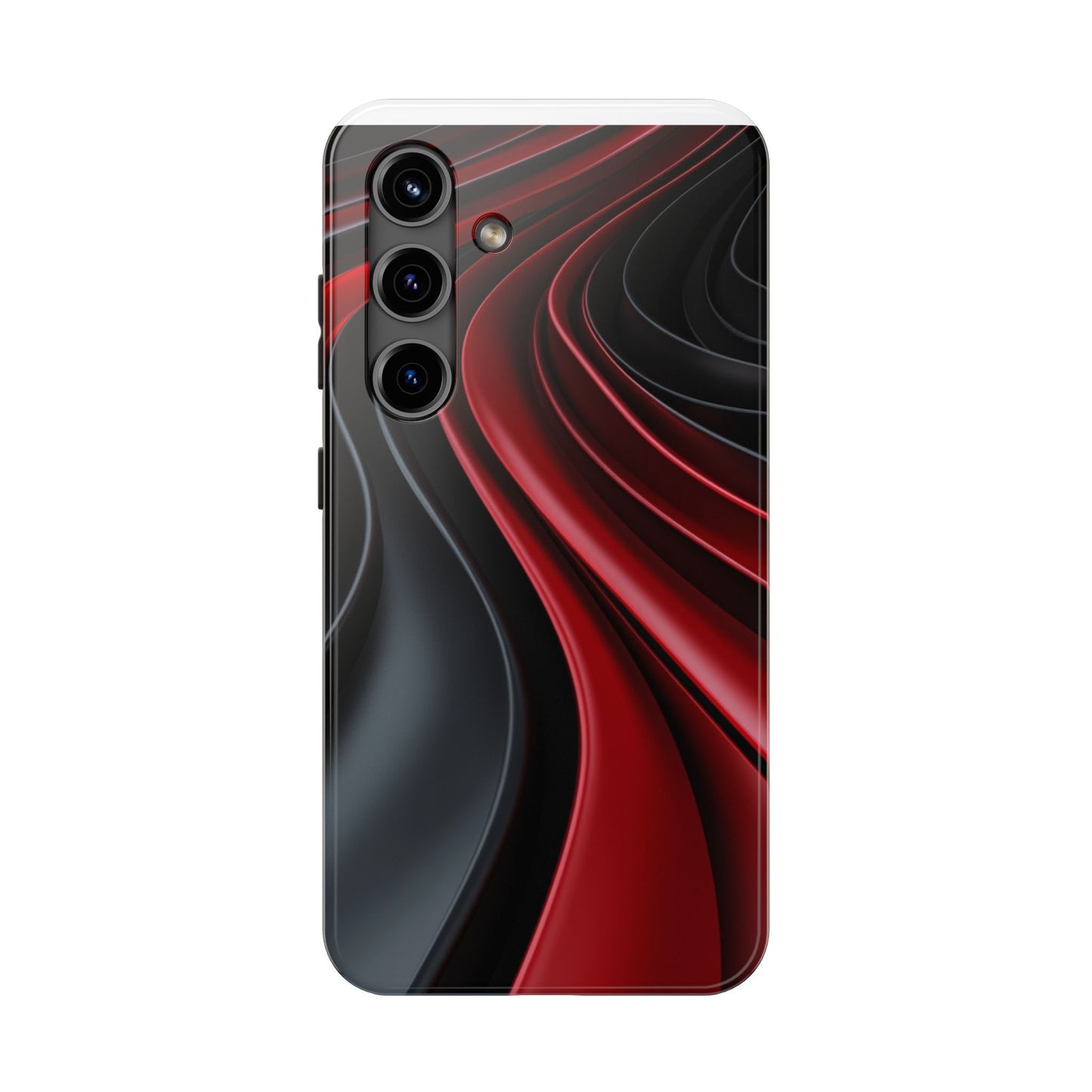 The front view of a smart and modern smartphone case for Samsung Galaxy S24, featuring a matte black and red 3D abstract design.
